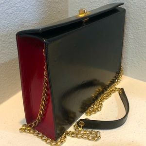 Lerre Italian purse vintage shiny black & red leather gold chain clutch …
